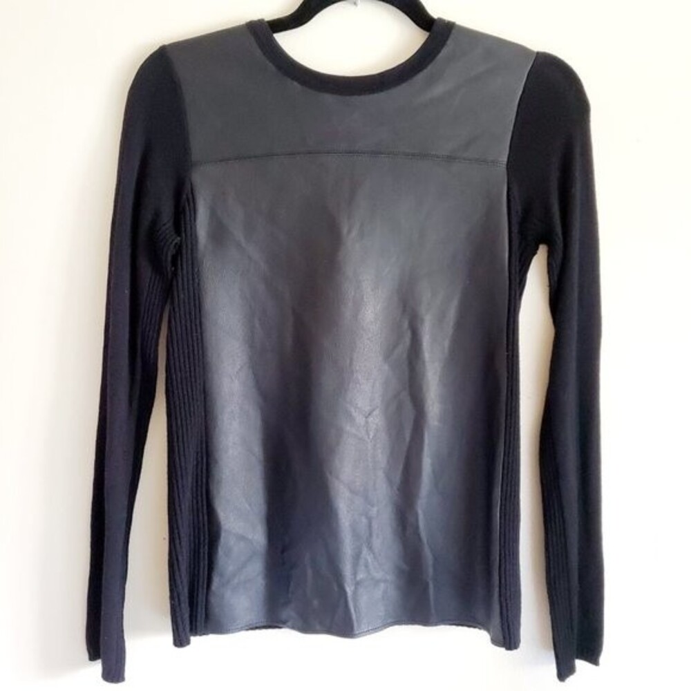Vince Lamb Leather Front Merino Wool Mixed Media Sweater Black XS